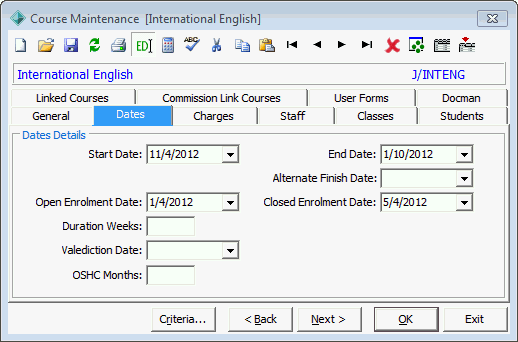 Course Maintenance - Dates tab