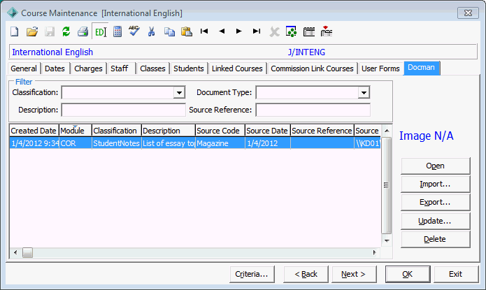 Course Maintenance - DocMan tab