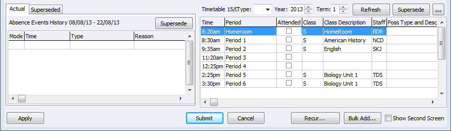 Create Absence Event (Actual and Superseded tabs, timetable grid, 63)