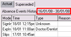 Create Absence Event window (Actual tab, cutdown)