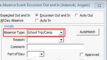 Create Absence Event window (Excursion Out and In, cut down)