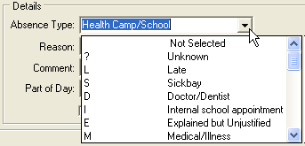 Absence Type drop-down list (Create Absence Event window)
