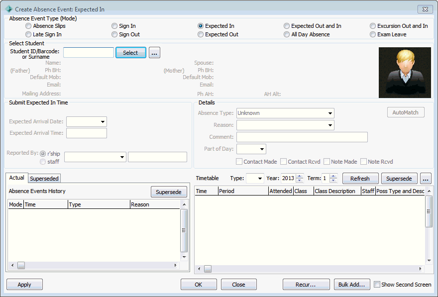 Create Absence Event (expected in, added area)