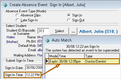 Create Absence Event window (including Auto Match, cutdown)