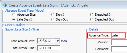 Create Absence Event (Late Sign In, highlight Absence Type).gif