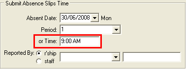 Create Absence Event window (Submit Absence Slips Time area)