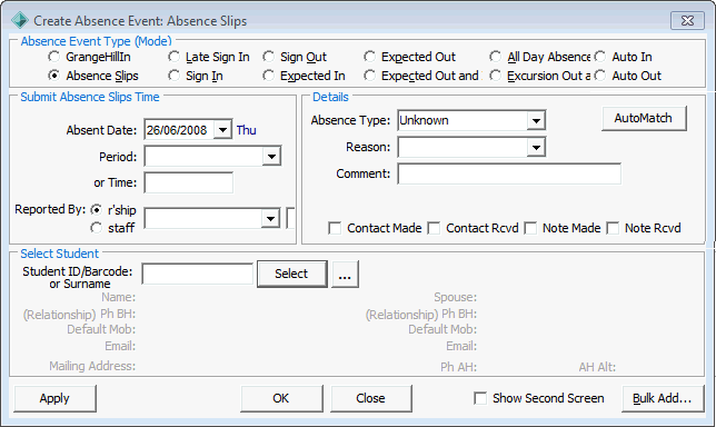 Create Absence Event - Absence Slips (cutdown)