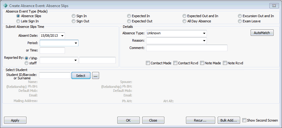 Create Absence Event - Absence slips (visible Exam Leave)