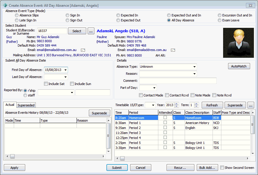 Create Absence Event - All Day Absence (populated, after select student, added area)