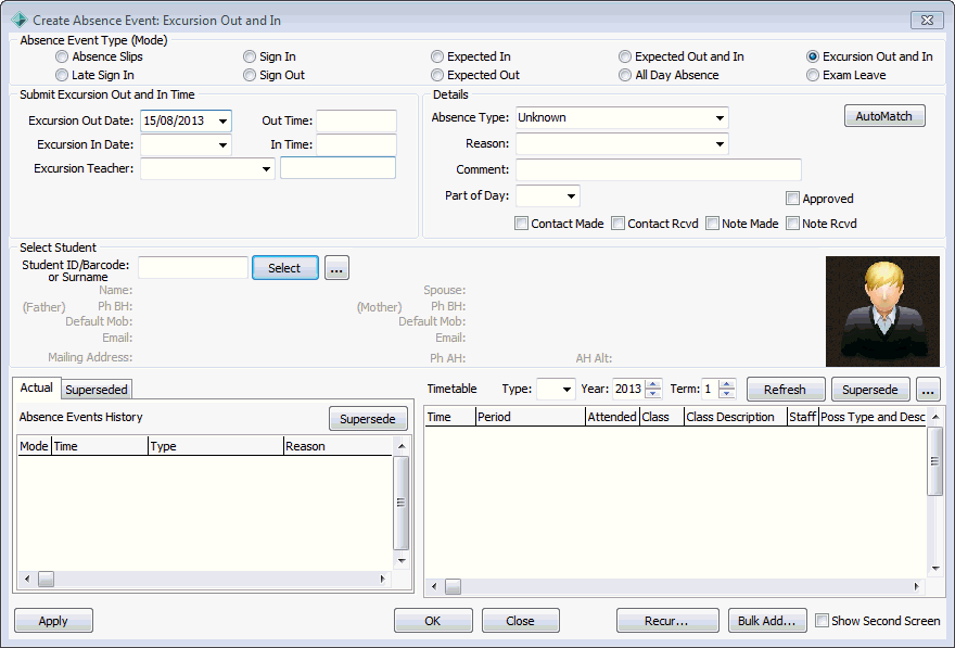 Create Absence Event - Excursion Out and In (area removed)