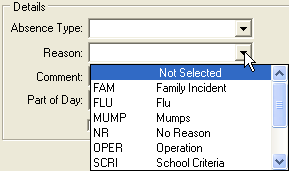Reason drop-down list (Create Absence Events window)