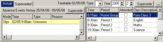 Create Absence Event window - Absences History and Timetable grids