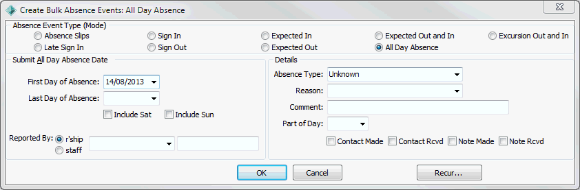 create bulk absence events - all day absence