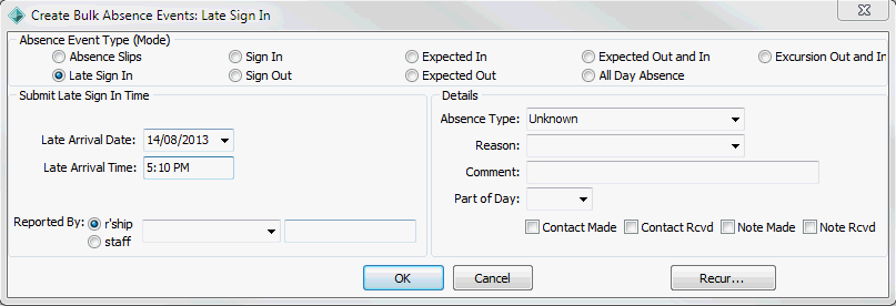 Create Bulk Absence Events - Late Sign In window