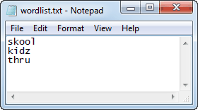 Create Dictionary window - example word list