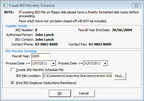 Create IRD Monthly Schedule window