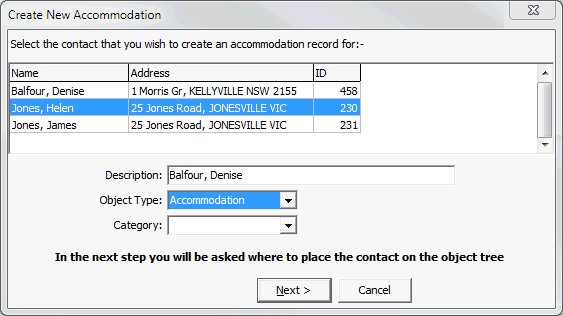 Create New Accommodation window