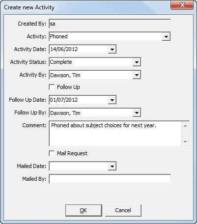 Create New Activity window (current students)