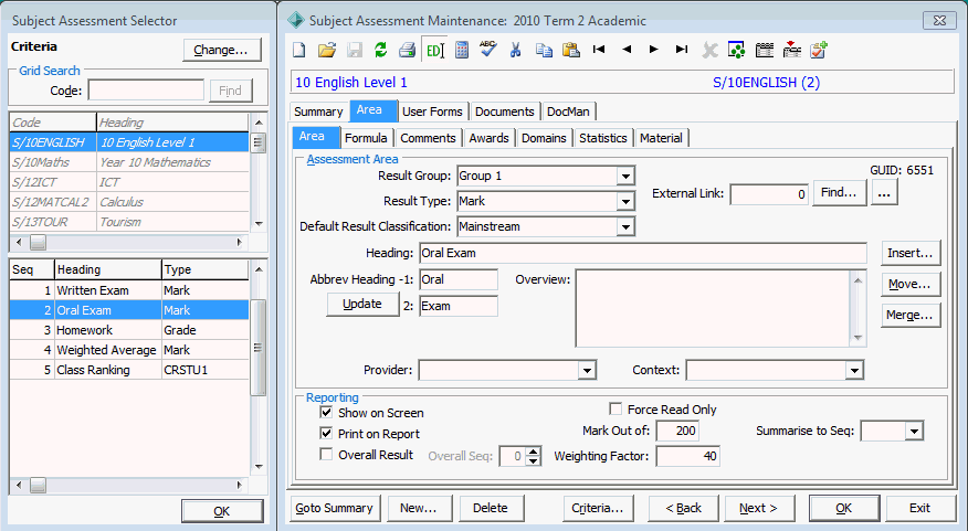 Subject Assessment Maintenance - Area tab - Area sub-tab