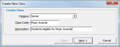 Create New class window (awards example)