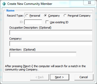 Create New Community Member - Name window