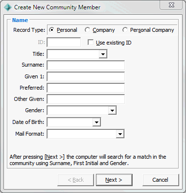 Create New Community Member - Name window