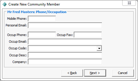 Create New Community Member - Phone/Occupation window