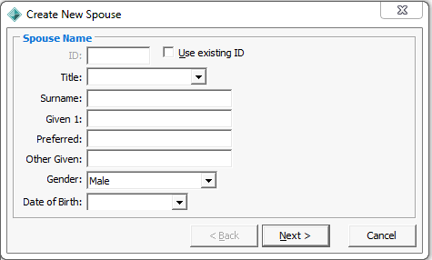 Create New Community Member - Spouse Name window (after Create Spouse... button)