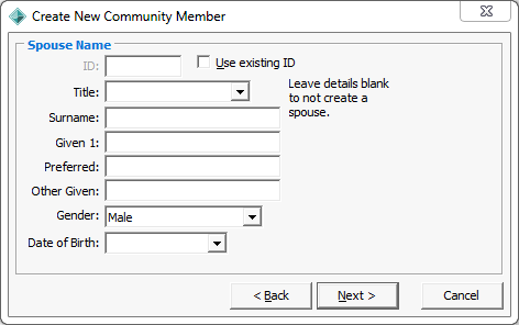 Create New Community Member - Spouse Name window
