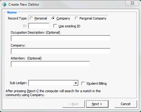 Create New Debtor - Name window (company)