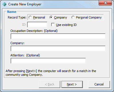 Create New Employer - Name window