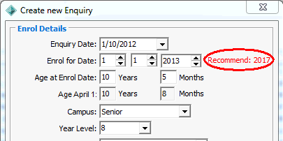 Create new Enquiry - Enrol Details window (cut down)