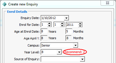Create New Enquiry - Enrol Details window (cut down)