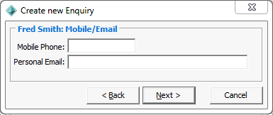 Create new Enquiry - Mobile Email window