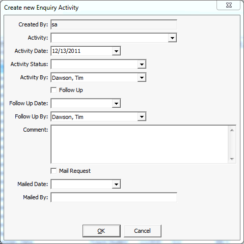 Create new Enquiry Activity window