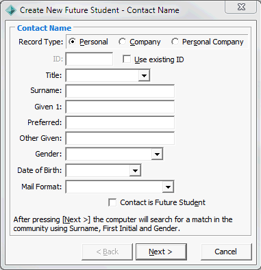 Create New Future Student - Contact Name window (blank)