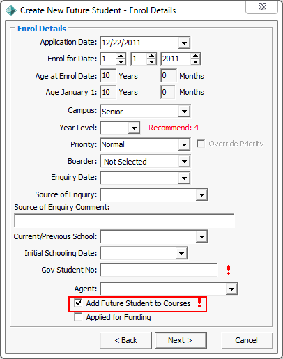 Create New Future Student - Enrol Details (Add Future Student to Courses field)