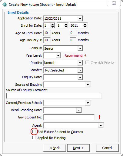 Create New Future Student - Enrol Details (Add Future Student to Courses field, cleared)