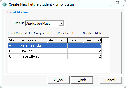 Create New Future Student - Enrol Status window