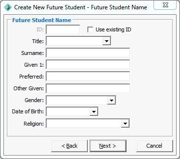 Create New Future Student - Future Student Name window