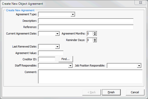 Create New Object Agreement window