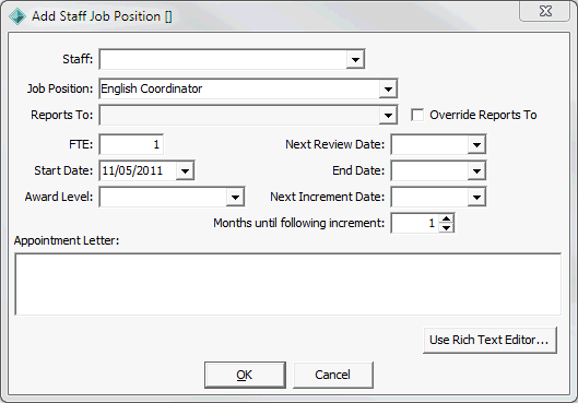 Create New Staff Job Position window