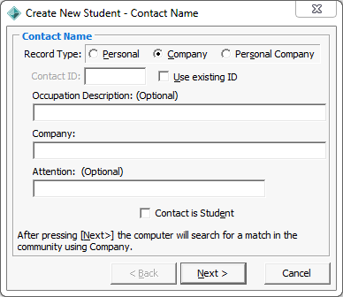Create New Student - Contact Name window (Company selected)