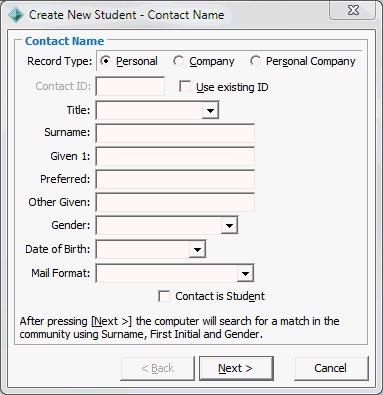 Create New Student - Contact Name window (Personal selected)
