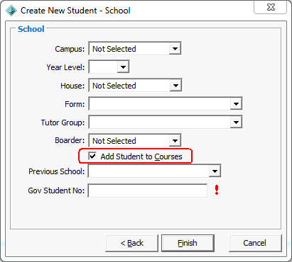 Create New Student - School window