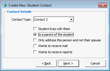 Create New Student Contact - Contact Details window