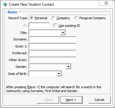 Create New Student Contact - Name window