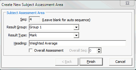 Create New Subject Assessment Area window