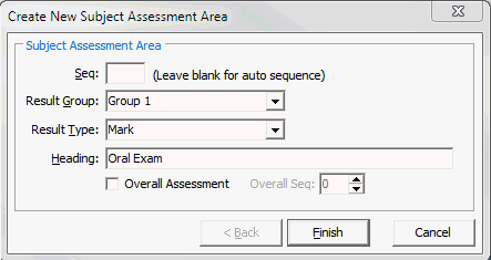 Create New Subject Assessment Area window
