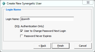 Create New Synergetic User - Login Name window